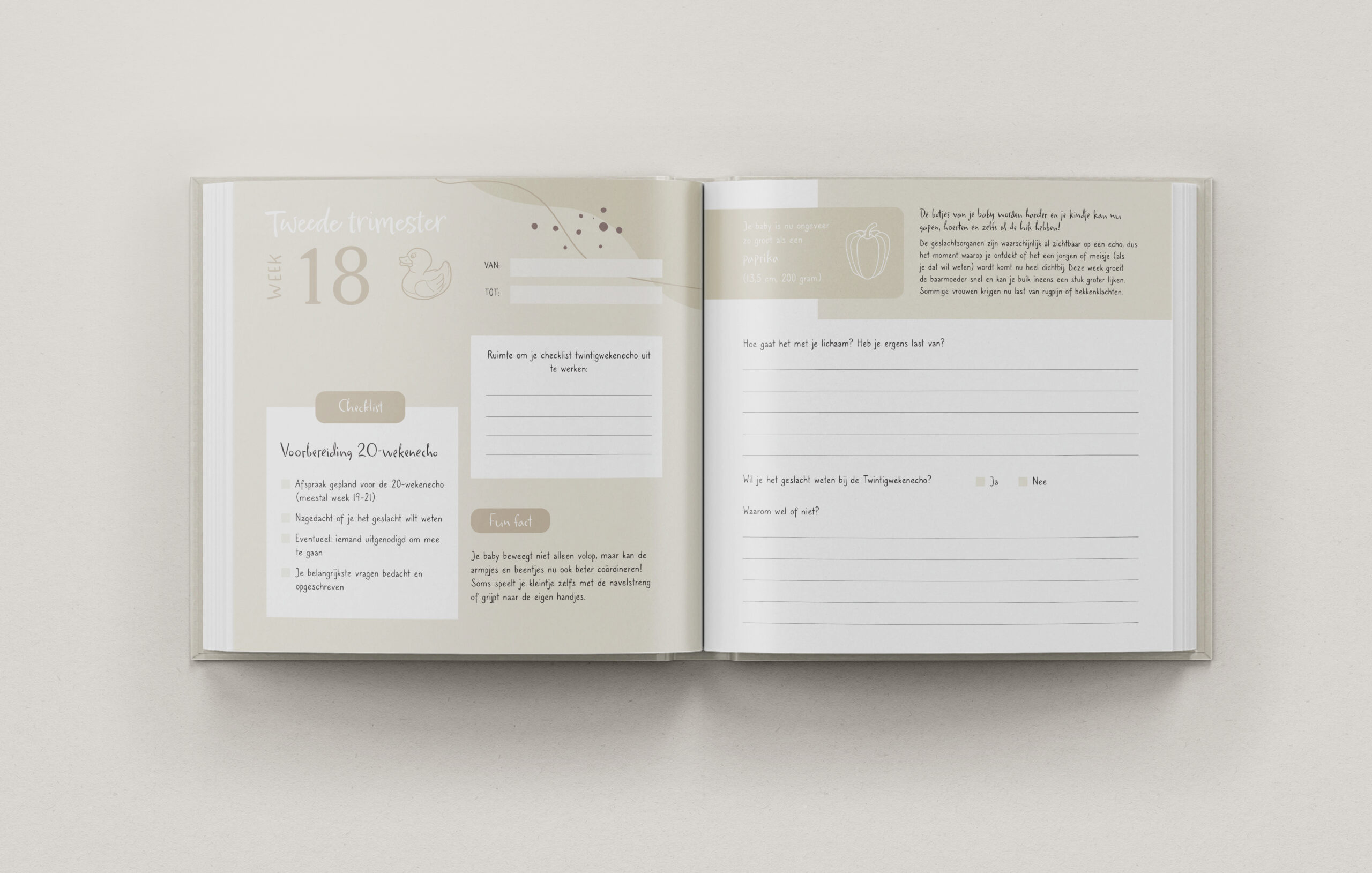 Binnenkant van het Telano zwangerschapsdagboek met checklist voor de twintigwekenecho